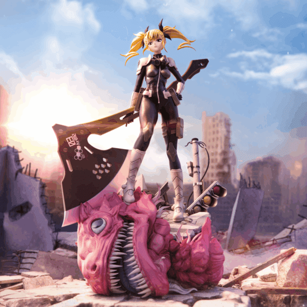 Heroic figure with axe in apocalyptic setting.