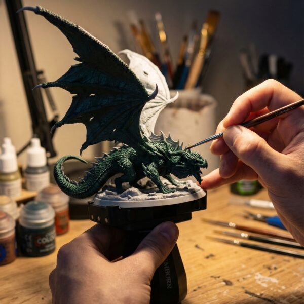 Hand painting a detailed dragon miniature model with brushes and paints.